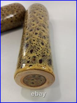 Studio Pottery Vases Brown Beige Speckled Set of 2 Vintage 12.5 Tall Ex Con