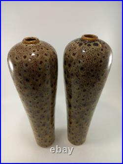 Studio Pottery Vases Brown Beige Speckled Set of 2 Vintage 12.5 Tall Ex Con