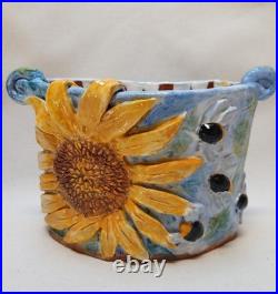 Studio pottery earthenware vase handmade sunflower blackbird bees relief design Studio pottery earthenware vase handmade sunflower blackbird bees relief design