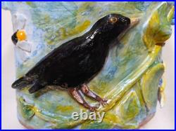Studio pottery earthenware vase handmade sunflower blackbird bees relief design Studio pottery earthenware vase handmade sunflower blackbird bees relief design