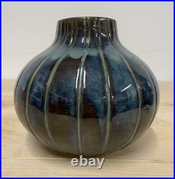 Stunning Blue Green Studio Pottery Gourd Shaped Squat Vase Signed Unknown