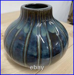 Stunning Blue Green Studio Pottery Gourd Shaped Squat Vase Signed Unknown