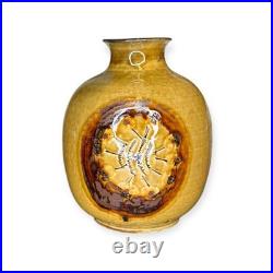 Takatori-yaki Japanese Studio Pottery Vase with Signed Box Ash Glaze, Applied Me