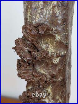 Tall British studio pottery sculpture with volcanic glaze and brutalist organic