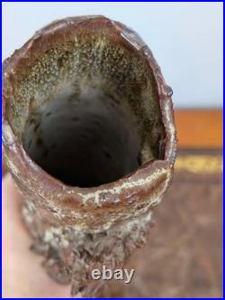 Tall British studio pottery sculpture with volcanic glaze and brutalist organic