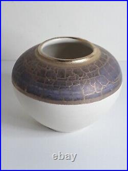 Tony laverick Studio Pottery Squat Vase Gold Lilac Marbled Banded Decoration Tony laverick Studio Pottery Squat Vase Gold Lilac Marbled Banded Decoration