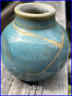 Traditional Authentic Kintsugi Real 23k Gold Vase Signed Studio Pottery Blue Traditional Authentic Kintsugi Real 23k Gold Vase Signed Studio Pottery Blue