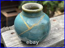 Traditional Authentic Kintsugi Real 23k Gold Vase Signed Studio Pottery Blue Traditional Authentic Kintsugi Real 23k Gold Vase Signed Studio Pottery Blue
