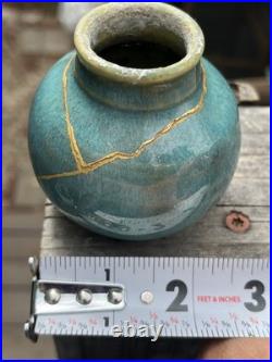 Traditional Authentic Kintsugi Real 23k Gold Vase Signed Studio Pottery Blue Traditional Authentic Kintsugi Real 23k Gold Vase Signed Studio Pottery Blue