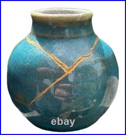 Traditional Authentic Kintsugi Real 23k Gold Vase Signed Studio Pottery Blue Traditional Authentic Kintsugi Real 23k Gold Vase Signed Studio Pottery Blue