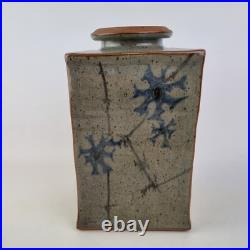 Unidentified Studio Pottery Vase Square Form Decorated Flowers Signed Base 25cm Unidentified Studio Pottery Vase Square Form Decorated Flowers Signed Base 25cm