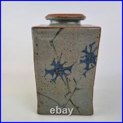 Unidentified Studio Pottery Vase Square Form Decorated Flowers Signed Base 25cm Unidentified Studio Pottery Vase Square Form Decorated Flowers Signed Base 25cm