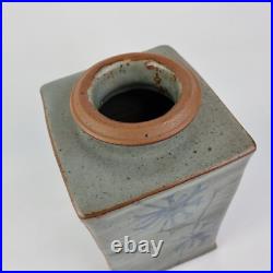 Unidentified Studio Pottery Vase Square Form Decorated Flowers Signed Base 25cm Unidentified Studio Pottery Vase Square Form Decorated Flowers Signed Base 25cm