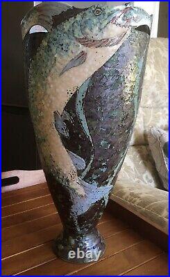 Unique Pottery Vase By Roger Cockram Pike Chasing Fish Beautiful Unusual Glaze