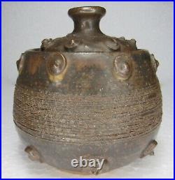 Unique Vintage 70s Stoneware Studio Pottery Vase Vessel Lidded Jar Modern Signed