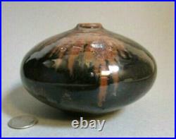 VIVIKA & OTTO HEINO Signed Studio Art Pottery Tenmoku 5 Weed Pot Moon Vase