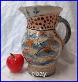 V Large Vtg Willie Carter Studio Pottery Jug Vase Fish & Bumble Bee Impressive