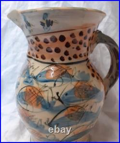 V Large Vtg Willie Carter Studio Pottery Jug Vase Fish & Bumble Bee Impressive