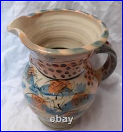 V Large Vtg Willie Carter Studio Pottery Jug Vase Fish & Bumble Bee Impressive