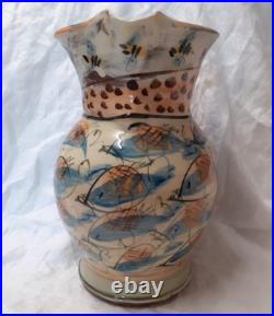 V Large Vtg Willie Carter Studio Pottery Jug Vase Fish & Bumble Bee Impressive