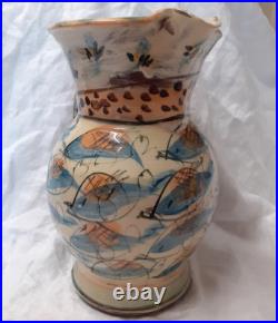 V Large Vtg Willie Carter Studio Pottery Jug Vase Fish & Bumble Bee Impressive