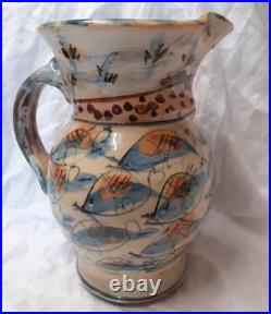 V Large Vtg Willie Carter Studio Pottery Jug Vase Fish & Bumble Bee Impressive