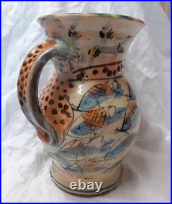 V Large Vtg Willie Carter Studio Pottery Jug Vase Fish & Bumble Bee Impressive