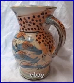 V Large Vtg Willie Carter Studio Pottery Jug Vase Fish & Bumble Bee Impressive
