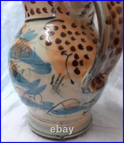 V Large Vtg Willie Carter Studio Pottery Jug Vase Fish & Bumble Bee Impressive