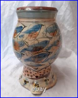 V Large Vtg Willie Carter Studio Pottery Jug Vase Fish & Bumble Bee Impressive