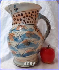 V Large Vtg Willie Carter Studio Pottery Jug Vase Fish & Bumble Bee Impressive