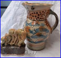 V Large Vtg Willie Carter Studio Pottery Jug Vase Fish & Bumble Bee Impressive