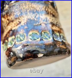 Vintage 1970s Cornish Brutalist Vase Wheel Thrown Studio Pottery Blue Green