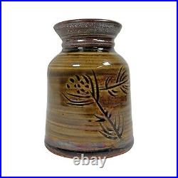 Vintage 4.5 Louis Mideke Brown Studio Pottery Bud Vase Leaf Tree High Gloss MCM