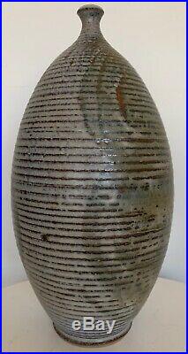 Vintage 60s 70s Deyoe Ribbed Stoneware Studio Pottery Vase Mid Century Modern
