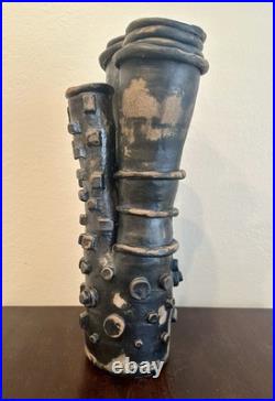 Vintage Brutalist Studio Pottery Vase Art Sculpture Black Blue Abstract 18H