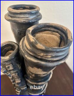 Vintage Brutalist Studio Pottery Vase Art Sculpture Black Blue Abstract 18H