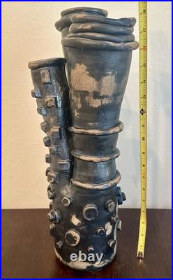 Vintage Brutalist Studio Pottery Vase Art Sculpture Black Blue Abstract 18H