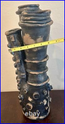 Vintage Brutalist Studio Pottery Vase Art Sculpture Black Blue Abstract 18H