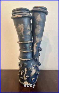 Vintage Brutalist Studio Pottery Vase Art Sculpture Black Blue Abstract 18H