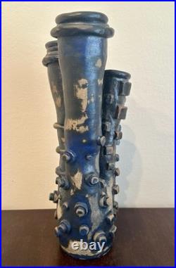 Vintage Brutalist Studio Pottery Vase Art Sculpture Black Blue Abstract 18H