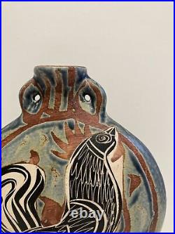 Vintage Ceramic Studio Pottery Vase Hand Painted Cockerel Motif Picasso Style