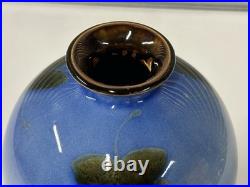 Vintage Chinese Inspired Glazed Vase Blue & Brown Leaf Design Studio Pottery