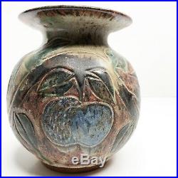 Vintage DAVID STEWART Pottery Vase SIGNED Carved Bird Leaf Apple Studio Pottery