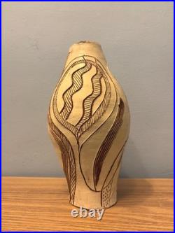 Vintage Handcrafted Terracotta Sgraffito Studio Pottery Vase With Carved Design