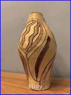 Vintage Handcrafted Terracotta Sgraffito Studio Pottery Vase With Carved Design
