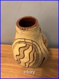 Vintage Handcrafted Terracotta Sgraffito Studio Pottery Vase With Carved Design