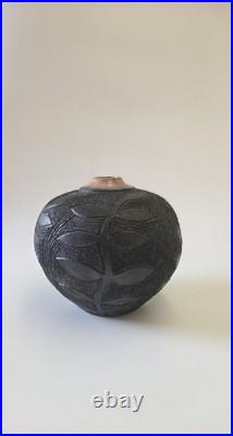 Vintage Jacqui Atkin Leaf Themed Textured Studio Pottery Raku Vase Signed