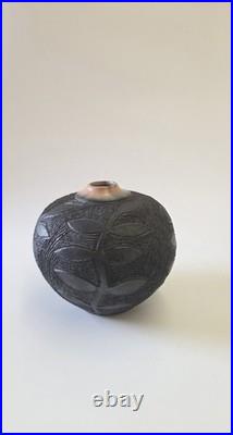Vintage Jacqui Atkin Leaf Themed Textured Studio Pottery Raku Vase Signed