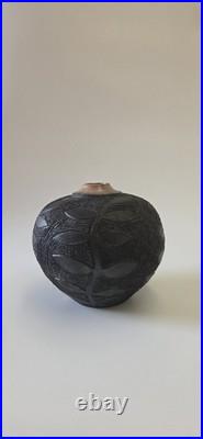 Vintage Jacqui Atkin Leaf Themed Textured Studio Pottery Raku Vase Signed